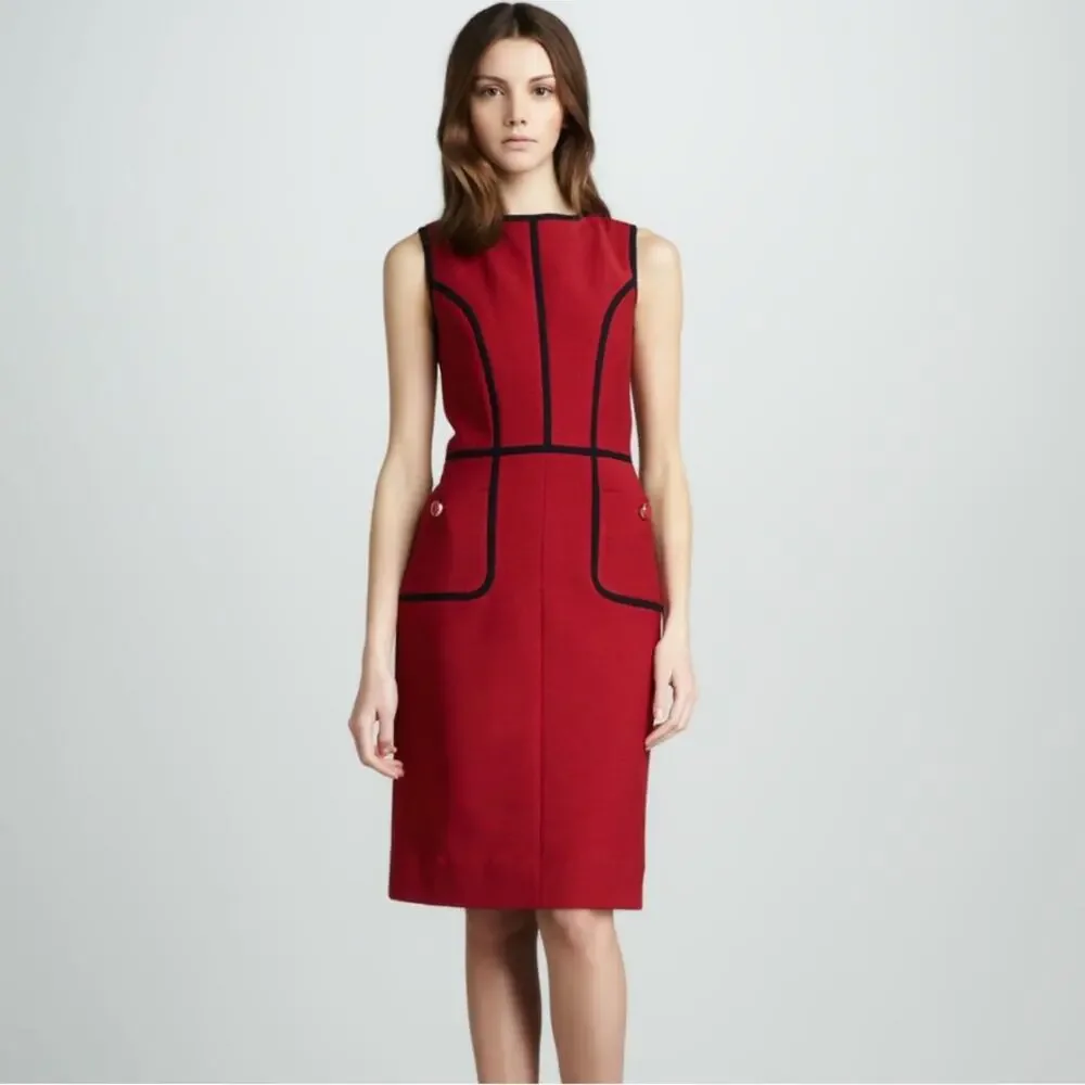 Tory Burch Azalea Contrast Piping Red and Navy Wool Blend Dress